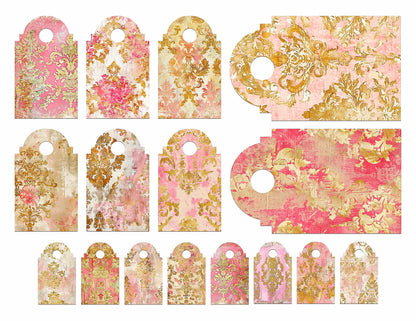 Set of floral patterned gift tags in pink and gold on a white background