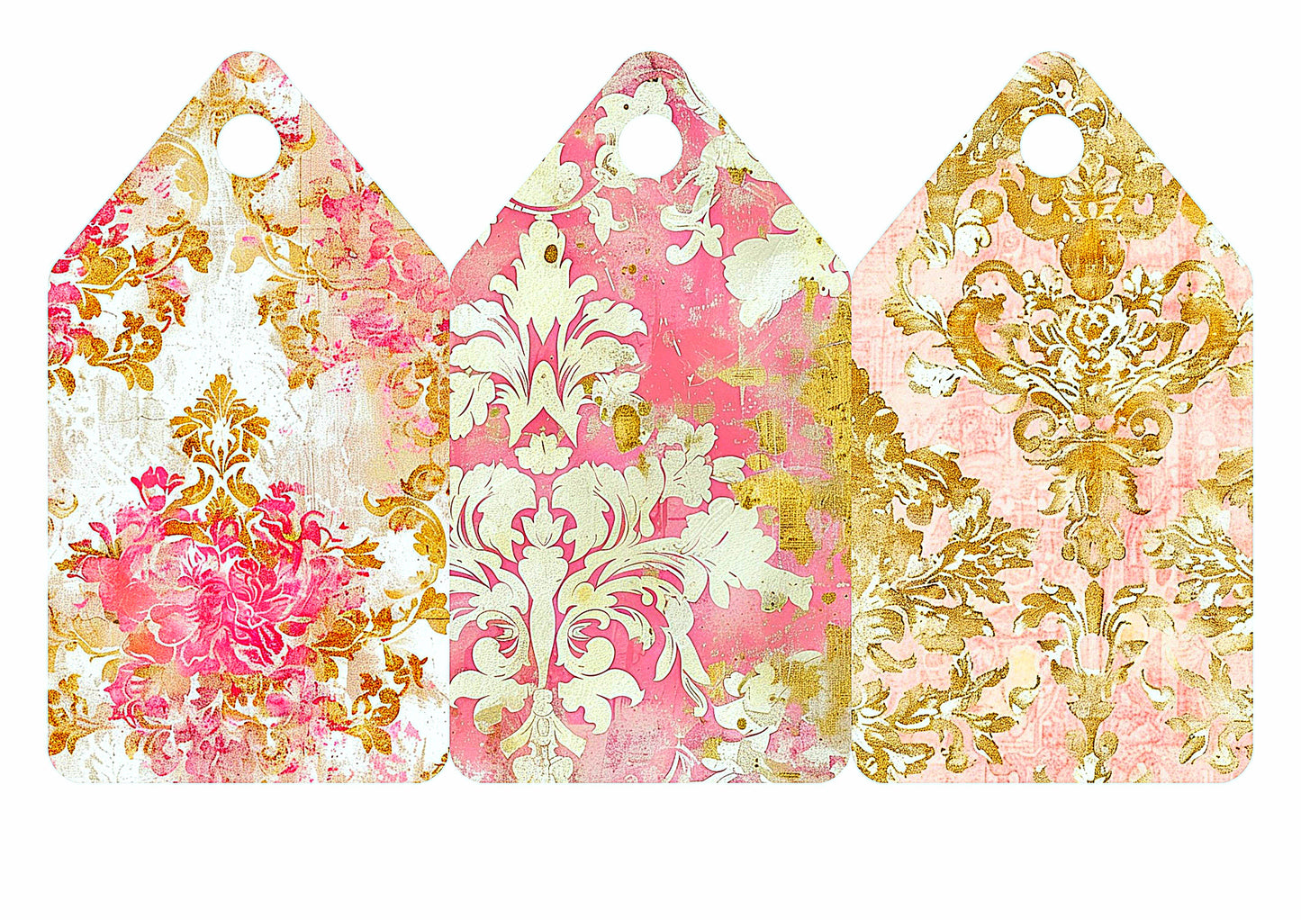 Three decorative tags with floral and damask patterns on a white background