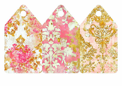 Three decorative tags with floral and damask patterns on a white background