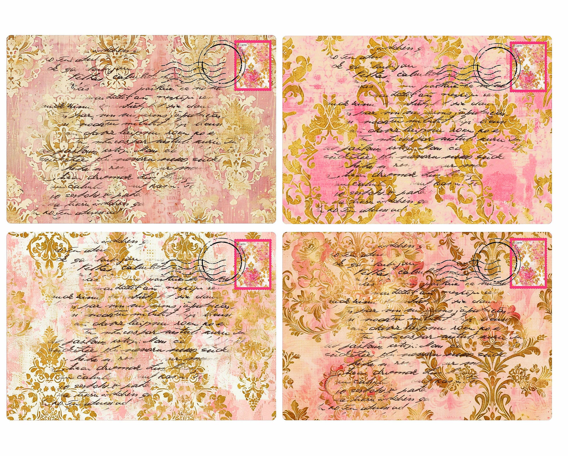 Four decorative postcard designs with pink and gold patterns and text.