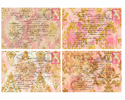Four decorative postcard designs with pink and gold patterns and text.