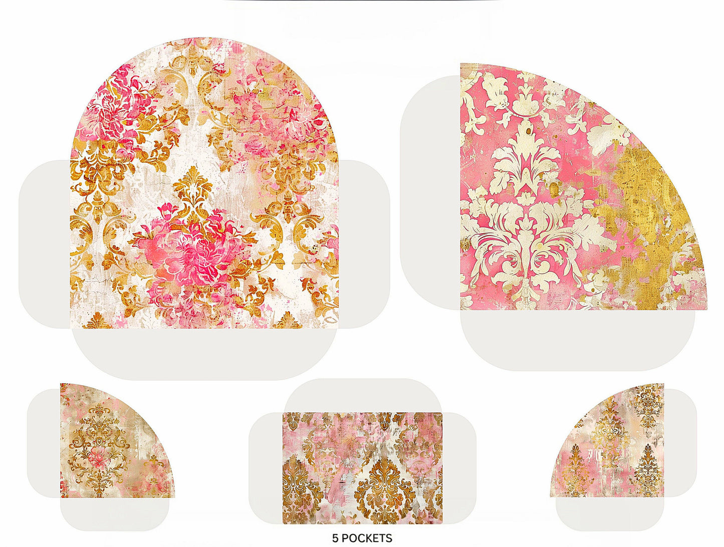 Set of decorative pouches with floral and damask patterns on a white background