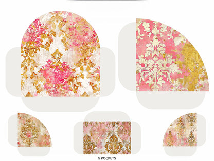 Set of decorative pouches with floral and damask patterns on a white background