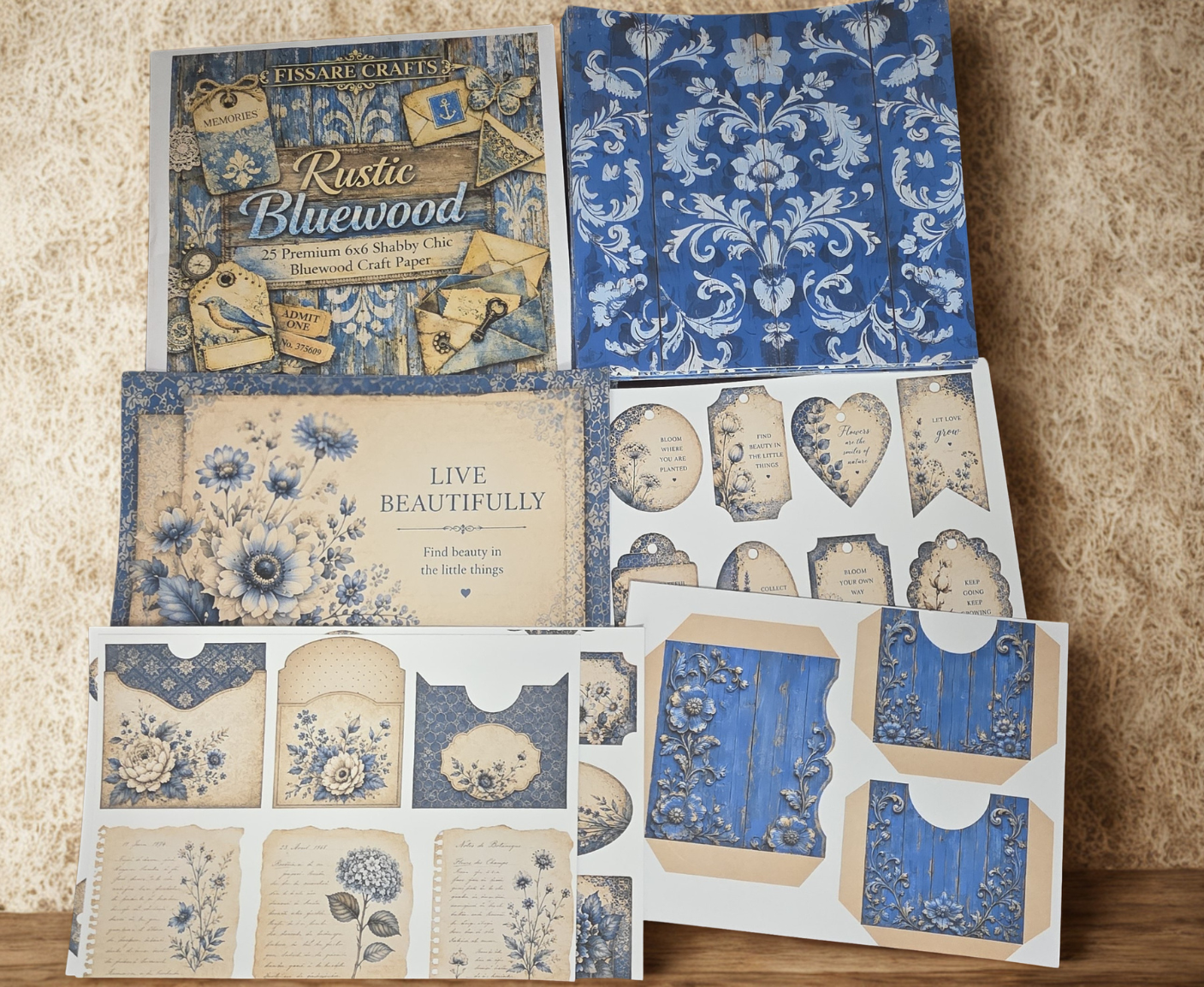 Rustic Bluewood – 25 Premium 6×6 Shabby Chic Bluewood Craft Paper (175gsm)