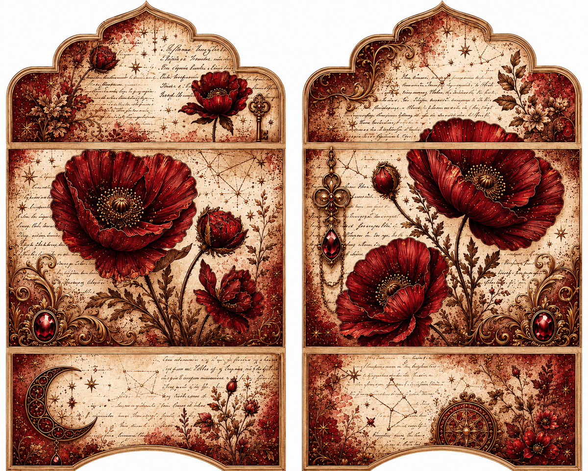 Crimson Nocturne ready-to-cut ephemera sheet in red, parchment, and antique gold