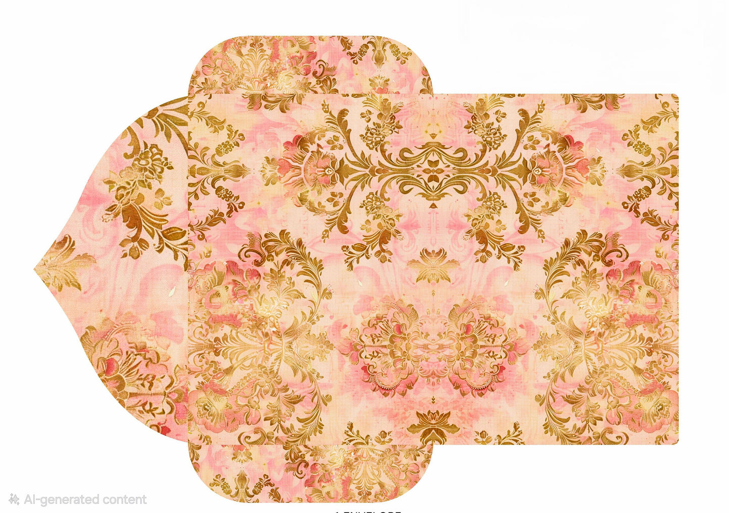 Decorative pink and gold patterned card with a white background