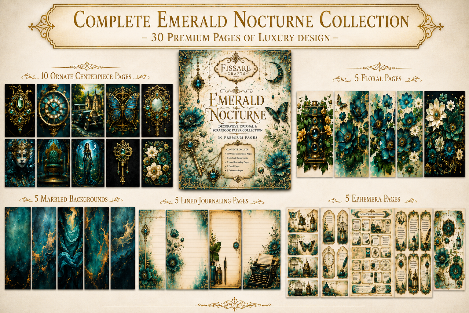 Promotional collage for the 'Complete Emerald Nocturne Collection' featuring 30 premium pages of luxury design. The layout showcases various digital templates including ornate centerpieces, floral pages, lined journals, ephemera, and backgrounds, all decorated with dark teal, emerald green, and gold vintage illustrations.