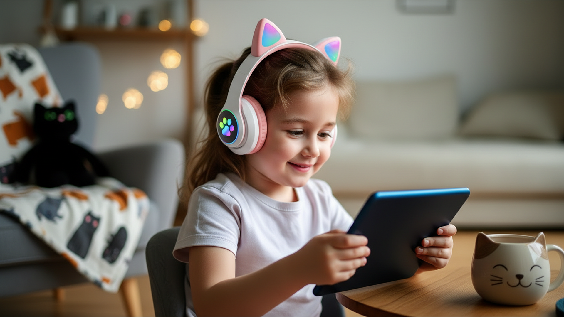 Child wearing cat-themed headphones using a tablet in a cozy living room.