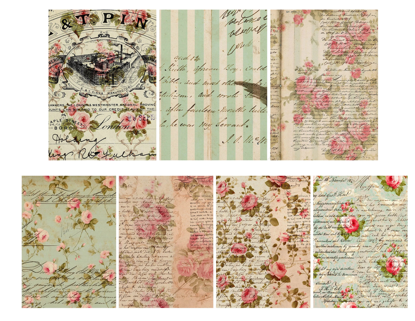 Collage of vintage-style paper designs with floral and script elements, sourced from Fabi Art Studio.