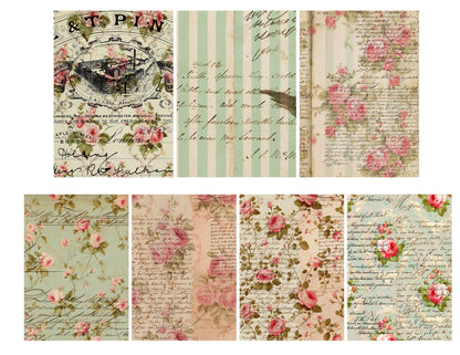 Collage of vintage-style paper designs with floral and script elements, sourced from Fabi Art Studio.