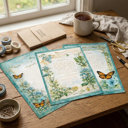 Desk with stationery items including paper with butterfly designs, a mug of tea, and stationery supplies.