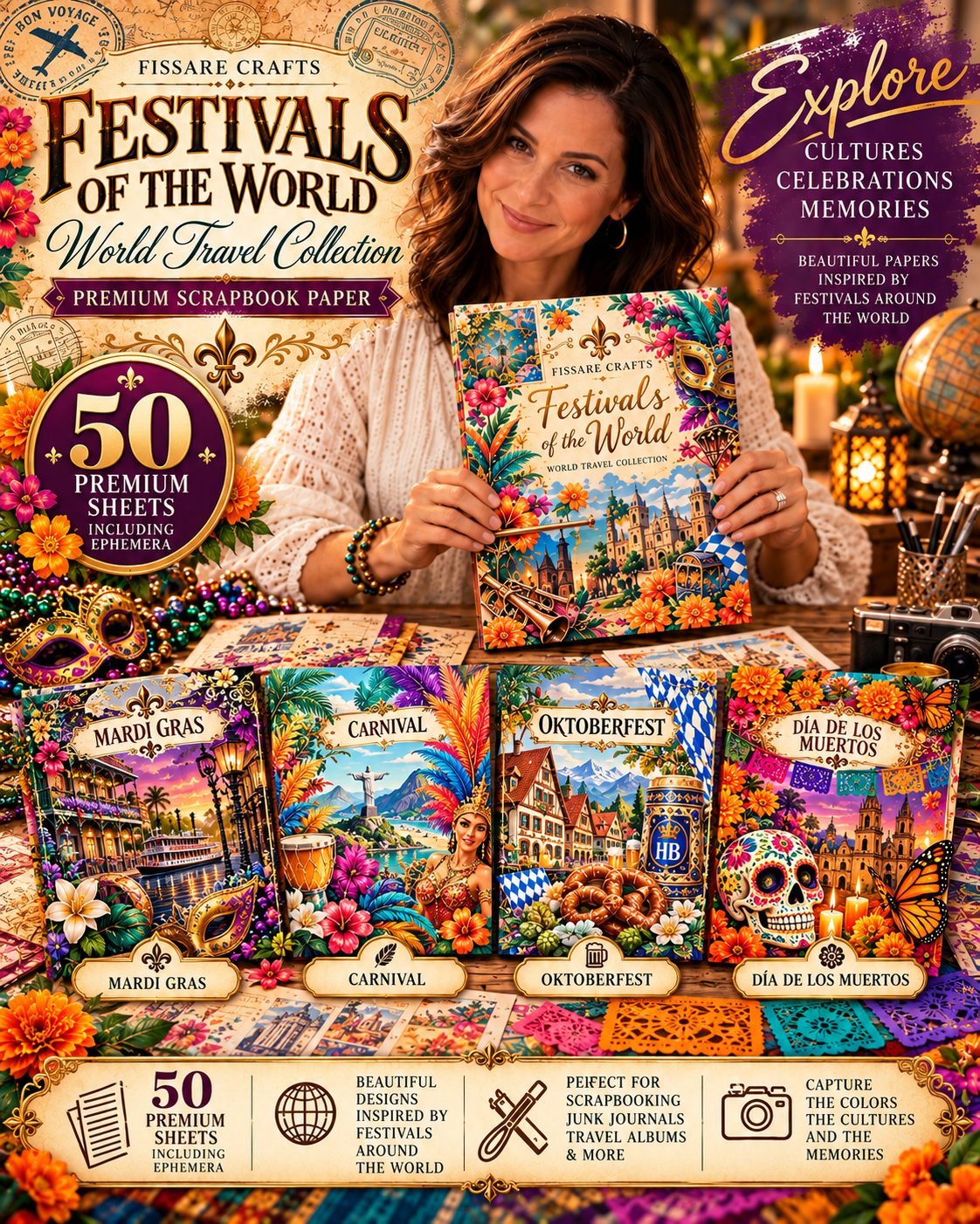 Fissare Crafts 'Festivals of the World' World Travel Collection premium scrapbook paper pack, featuring a woman holding a colorful paper sheet, surrounded by five sample sheets depicting Mardi Gras, Carnival, Oktoberfest, and Dia de los Muertos.