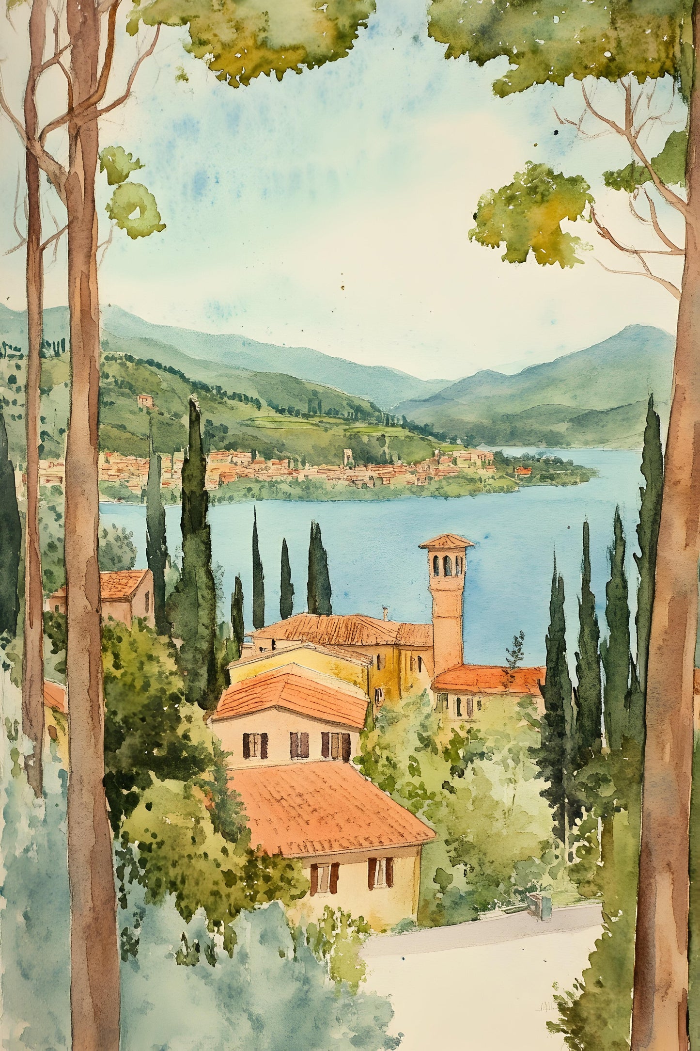 Watercolor painting of a scenic landscape with houses, trees, and a lake.