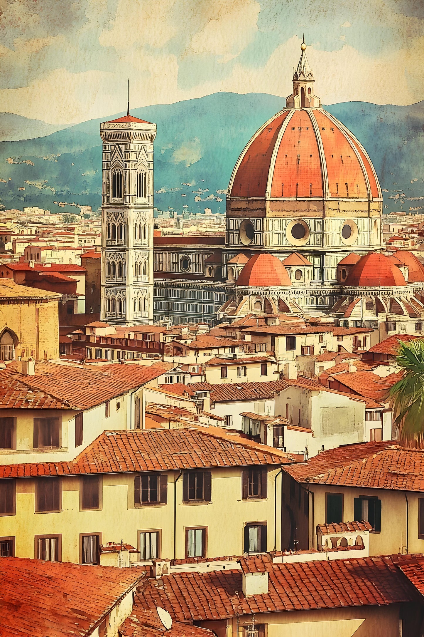 Vintage-style photo of Florence with the Duomo and Giotto's Bell Tower.