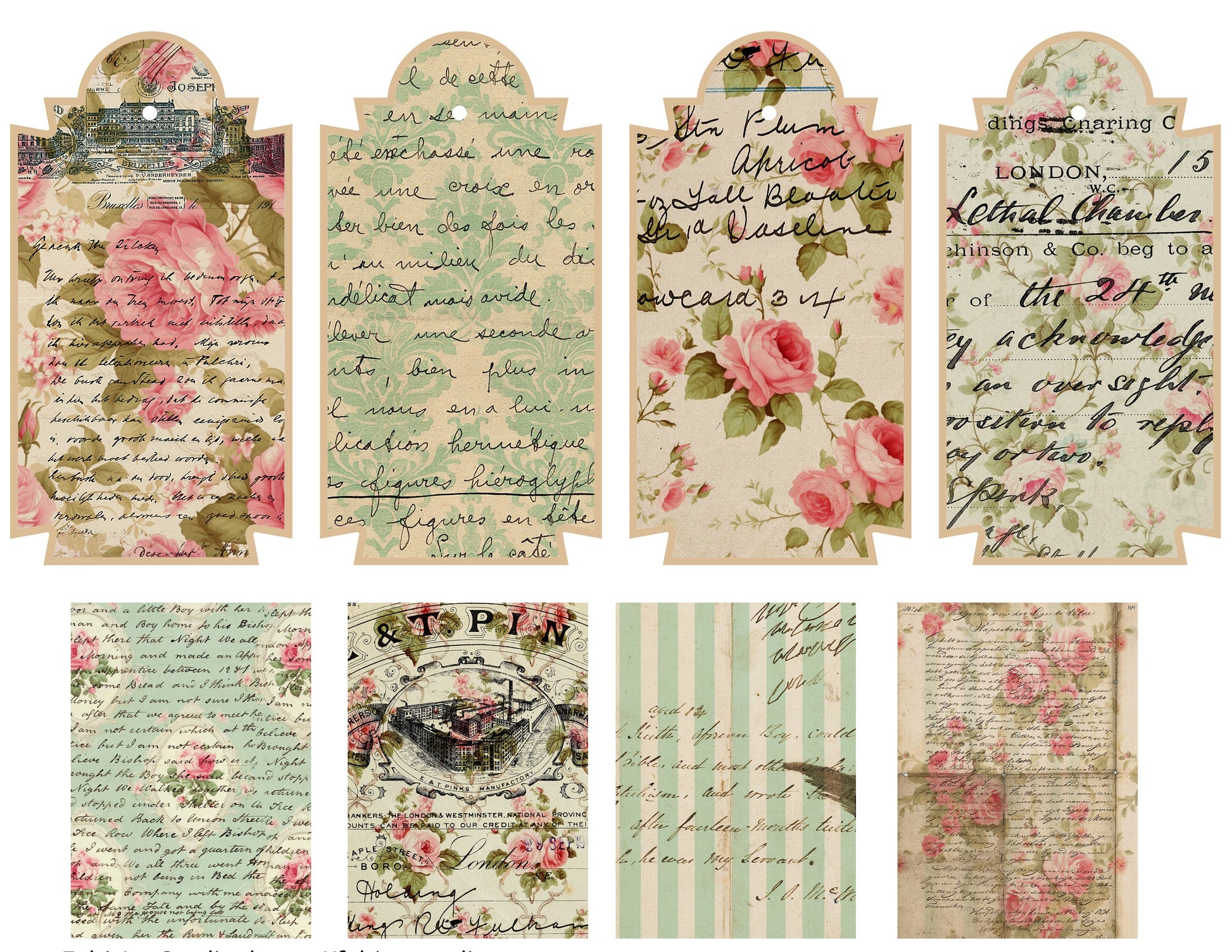 Collection of vintage-style tags with floral and script designs.
