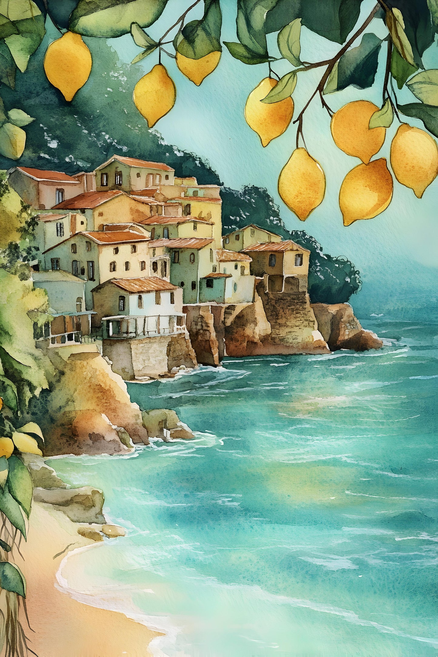 Coastal village with lemon trees and lemons floating in the water