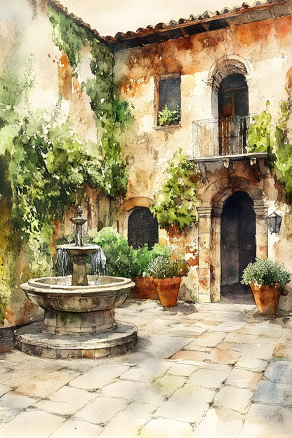 Decorative watercolor painting of an Italian courtyard with a fountain, potted plants, and a stone building.