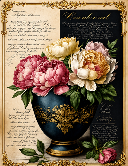 Decorative floral arrangement in a blue vase with gold accents on an ornate background.