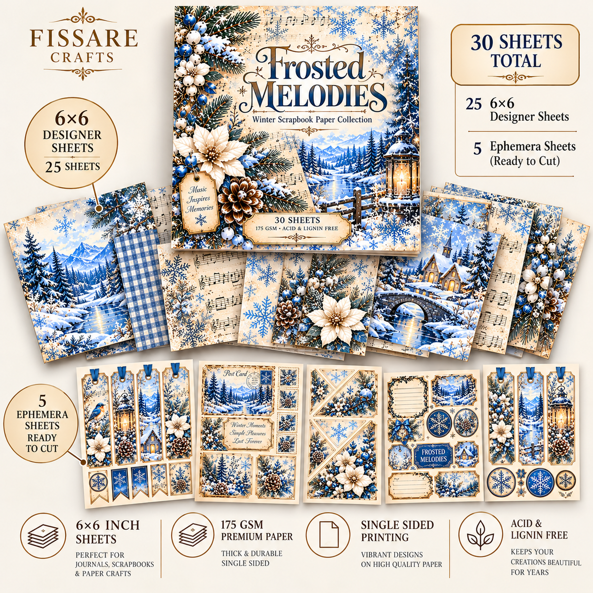 Frosted Melodies 6x6 Winter Scrapbook Paper Set – 30 Sheets