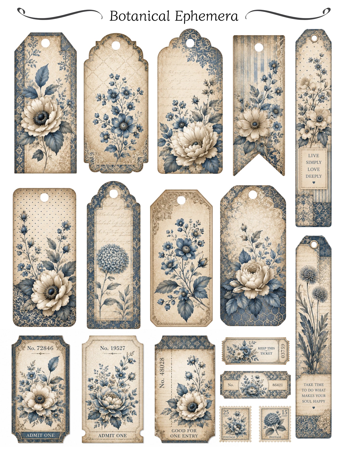 Collection of vintage-style botanical tags with floral designs and text.