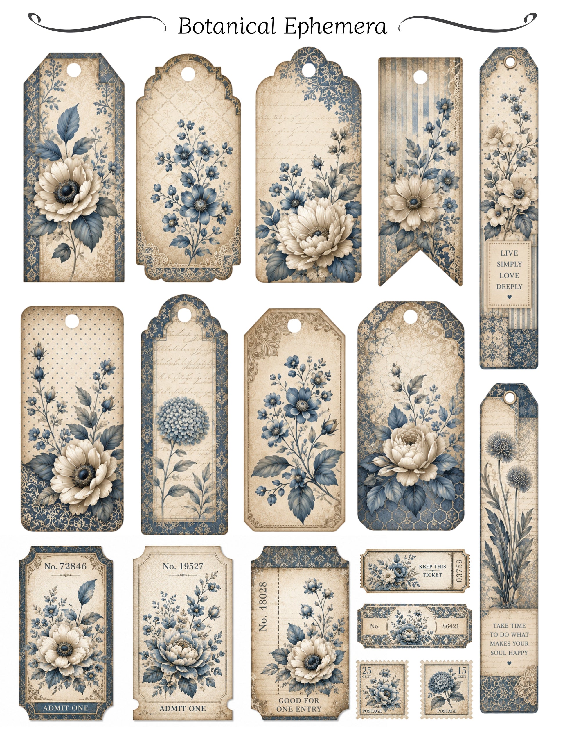 Collection of vintage-style botanical tags with floral designs and text.
