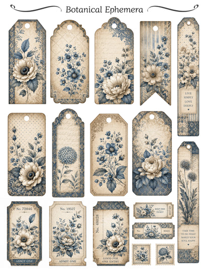 Collection of vintage-style botanical tags with floral designs and text.