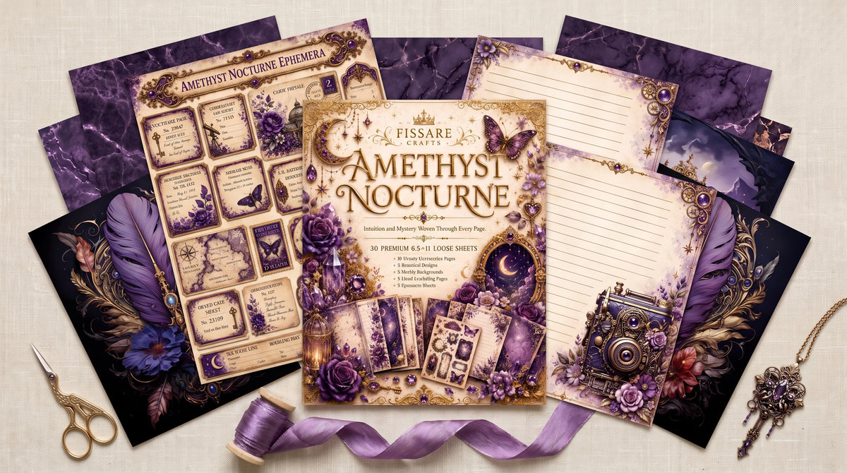 Amethyst Nocturne violet and gold papers displayed in a moonlit lifestyle setting