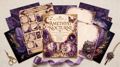 Amethyst Nocturne violet and gold papers displayed in a moonlit lifestyle setting