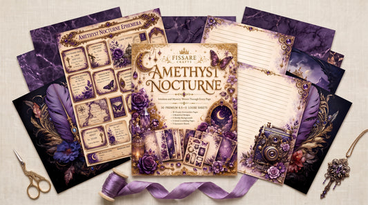 Amethyst Nocturne violet and gold papers displayed in a moonlit lifestyle setting