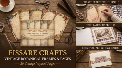 Fissare Crafts vintage botanical frames and pages on a wooden surface with tools and a cup of tea.