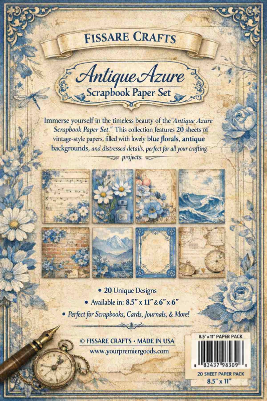 Antique Azure Scrapbook Paper Set – Vintage Blue Floral Decorative Sheets for Junk Journals, Scrapbooking, Card Making & Paper Crafts