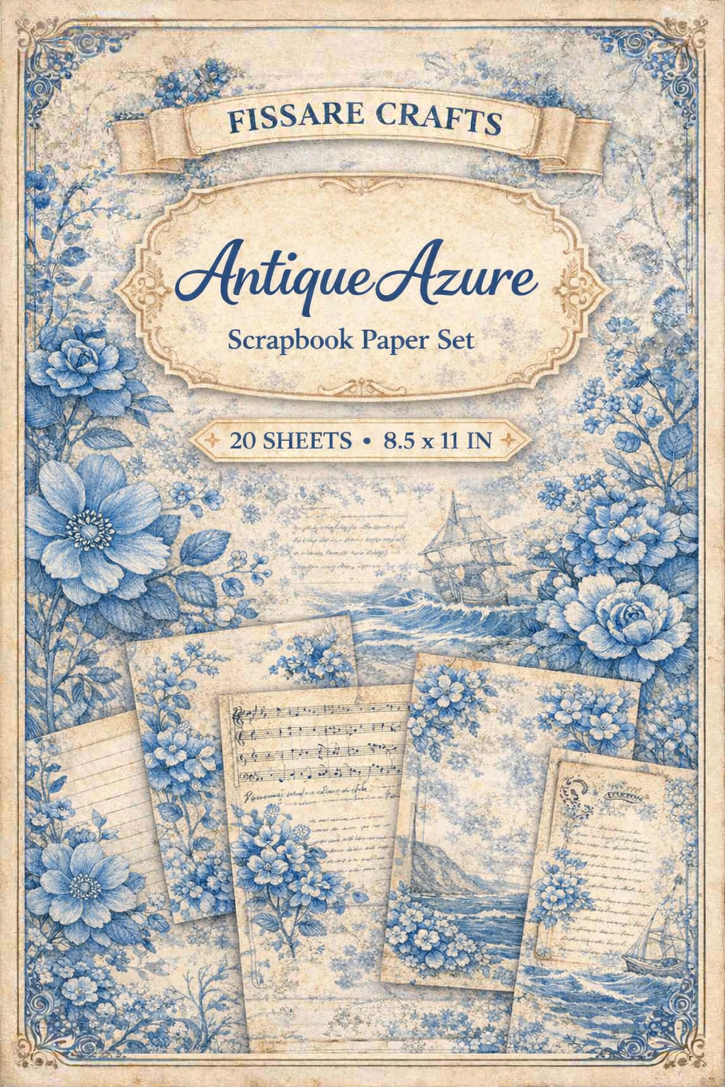 Scrapbook paper set with floral designs and 'Fissare Crafts Antique Azure' branding.