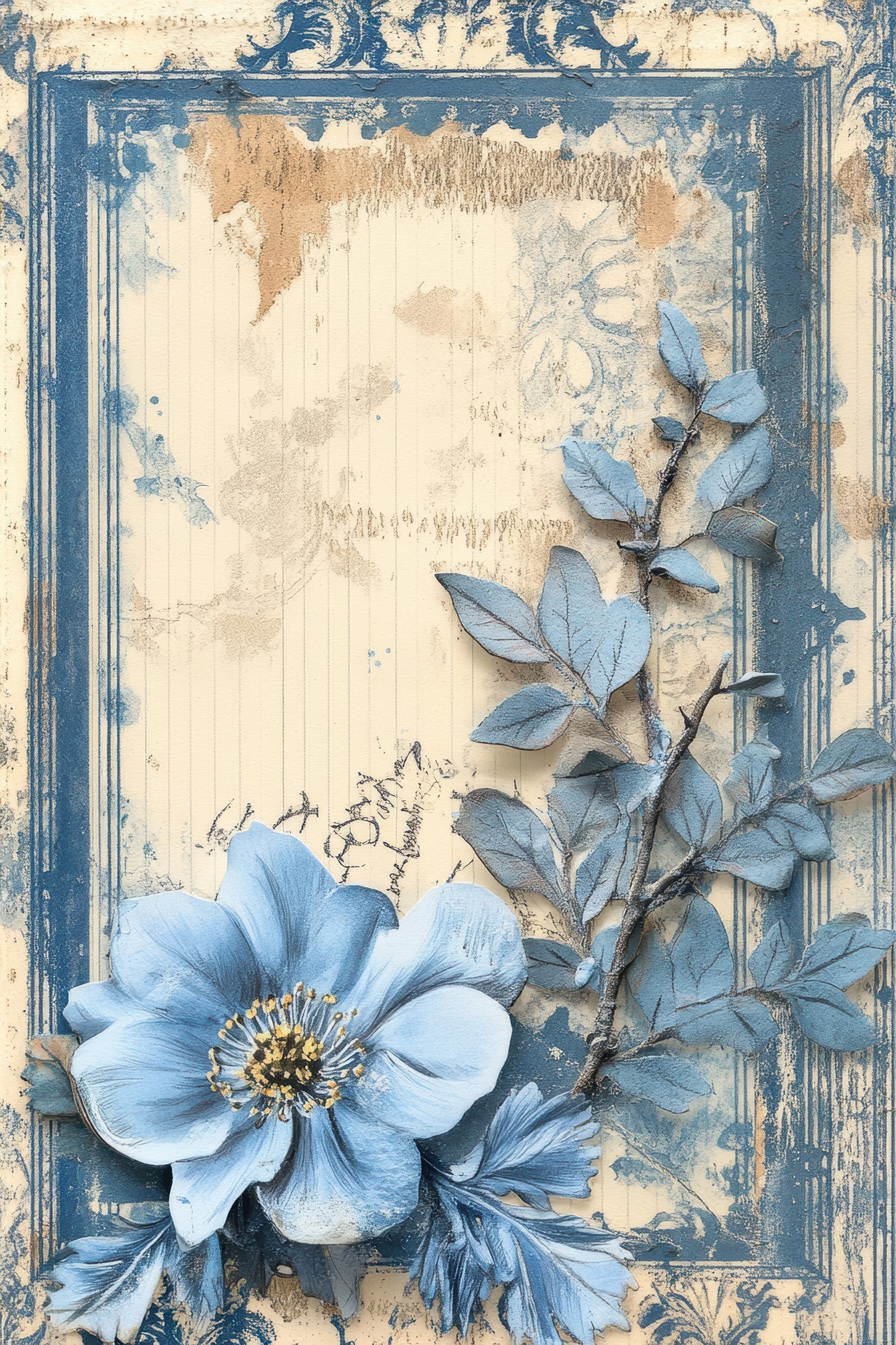 Antique Azure Vintage Botanical Scrapbook Paper Set - 8.5 x 11 Floral & Nature Designs