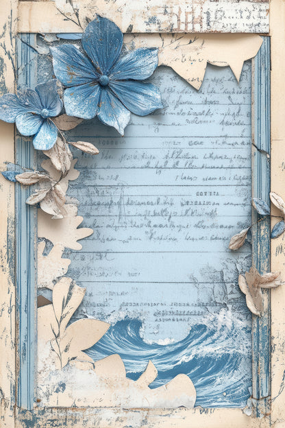 Antique Azure Vintage Botanical Scrapbook Paper Set - 8.5 x 11 Floral & Nature Designs