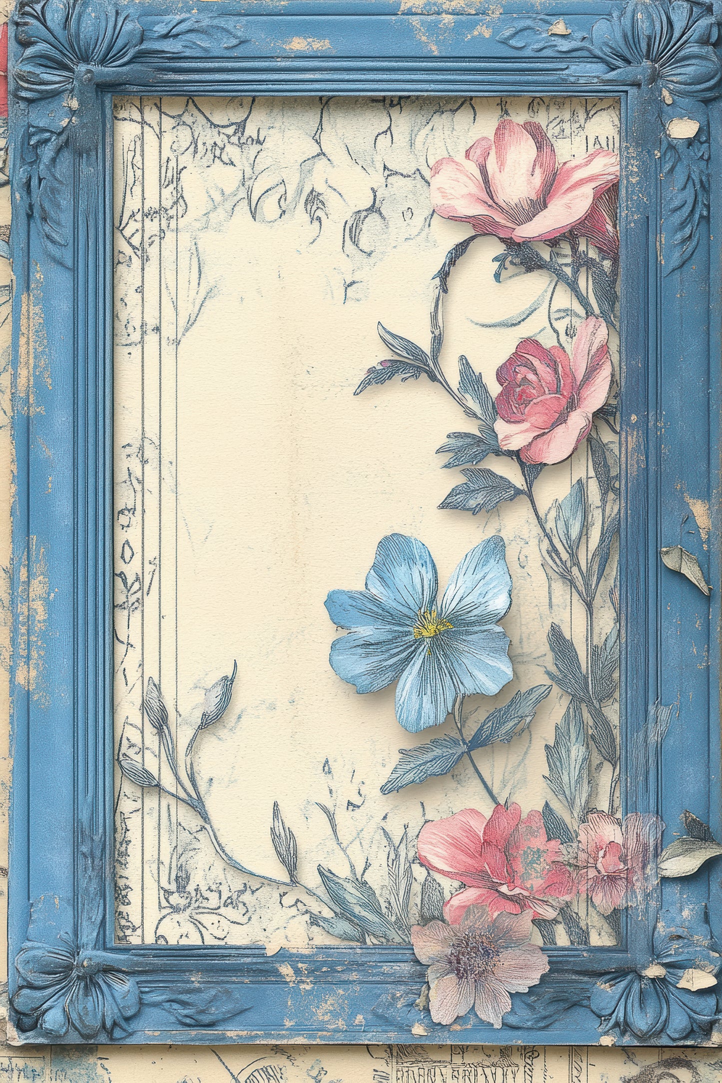 Antique Azure Vintage Botanical Scrapbook Paper Set - 8.5 x 11 Floral & Nature Designs