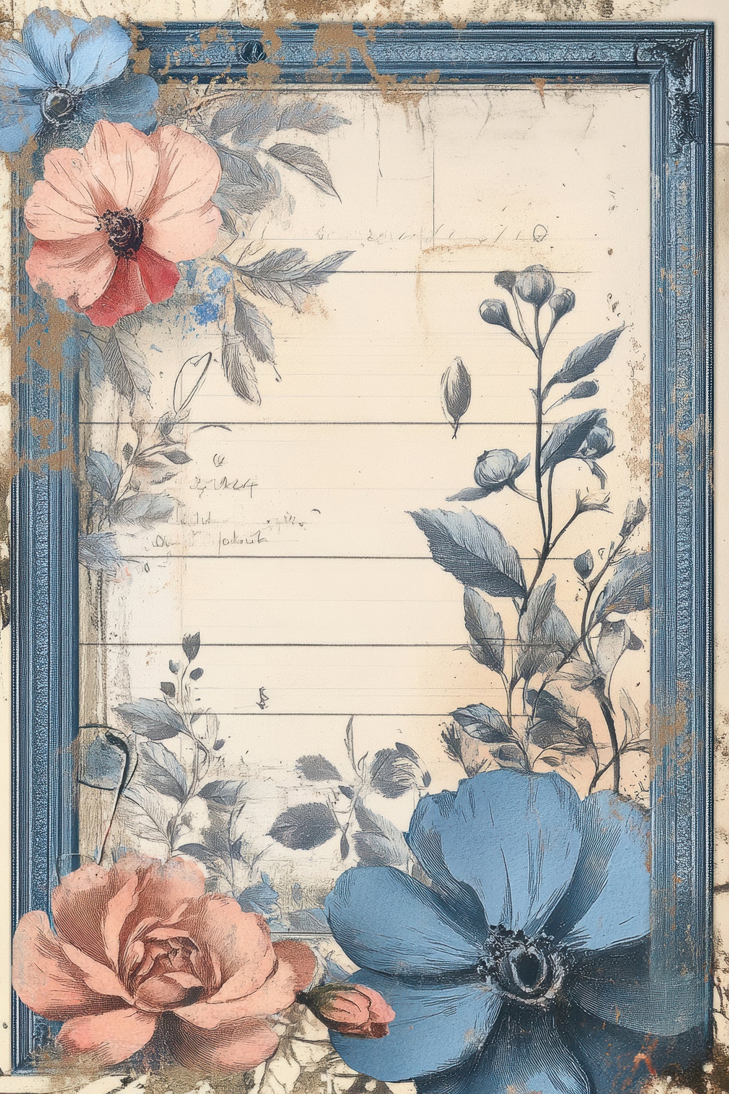 Antique Azure Vintage Botanical Scrapbook Paper Set - 8.5 x 11 Floral & Nature Designs