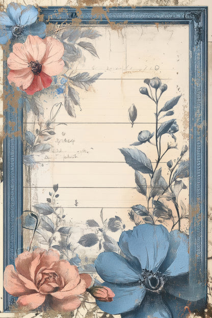 Antique Azure Vintage Botanical Scrapbook Paper Set - 8.5 x 11 Floral & Nature Designs