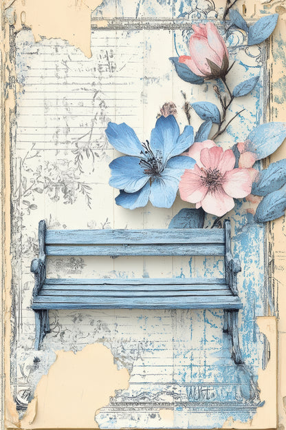 Antique Azure Vintage Botanical Scrapbook Paper Set - 8.5 x 11 Floral & Nature Designs