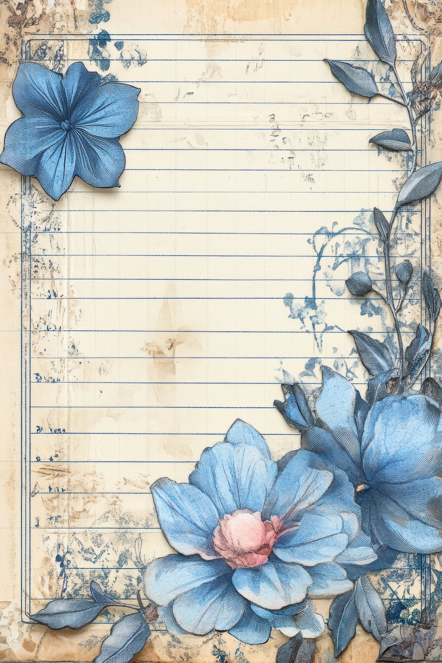 Antique Azure Vintage Botanical Scrapbook Paper Set - 8.5 x 11 Floral & Nature Designs