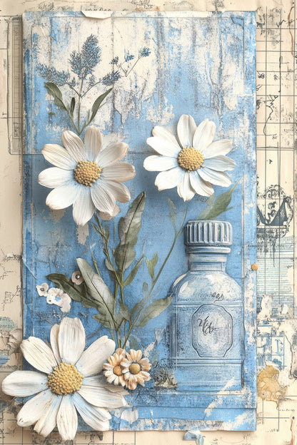 Antique Azure Vintage Botanical Scrapbook Paper Set - 8.5 x 11 Floral & Nature Designs