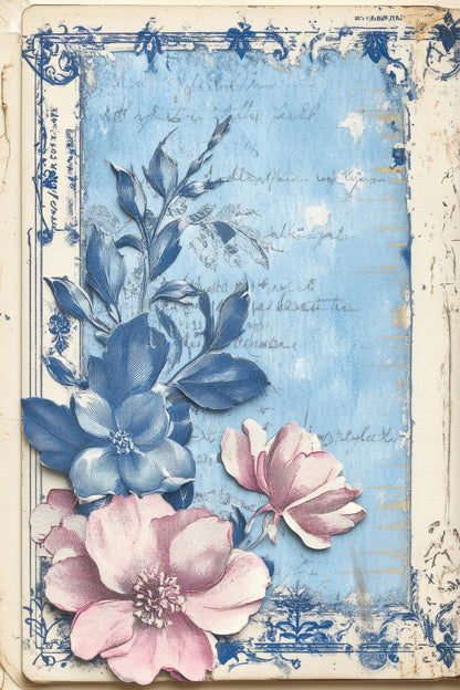 Antique Azure Vintage Botanical Scrapbook Paper Set - 8.5 x 11 Floral & Nature Designs