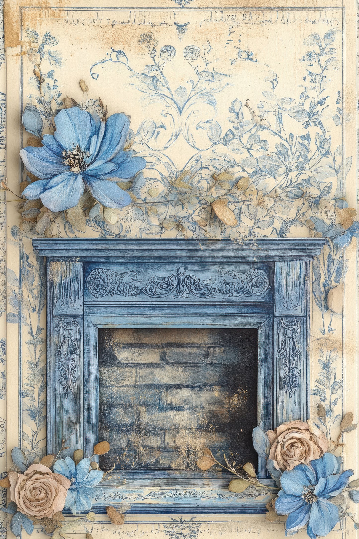 Antique Azure Vintage Botanical Scrapbook Paper Set - 8.5 x 11 Floral & Nature Designs