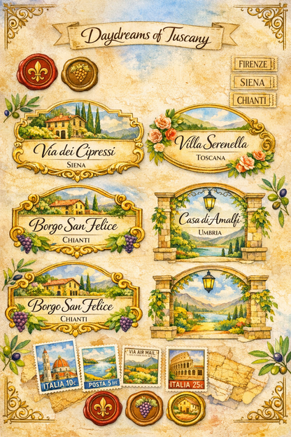 Illustrated collage of Tuscany-themed locations with scenic views and decorative elements.