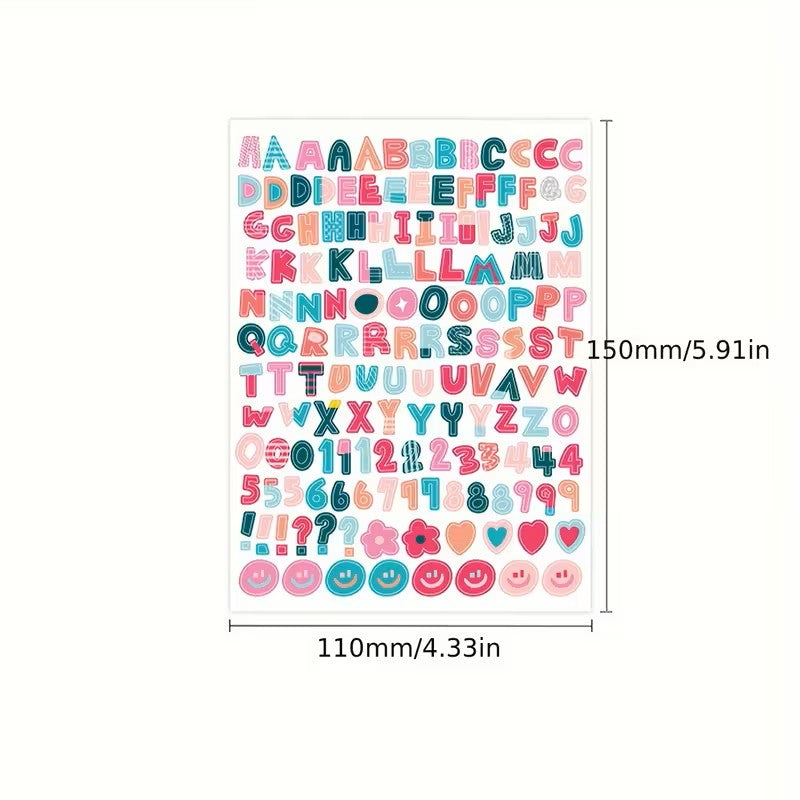 Sheet of colorful alphabet and number stickers with measurements on a white background