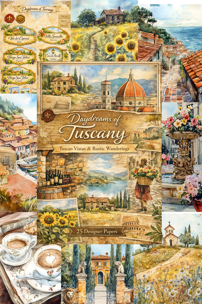 Collage of Tuscany-themed images including sunflowers, buildings, and landscapes with 'Daydreams of Tuscany' branding.