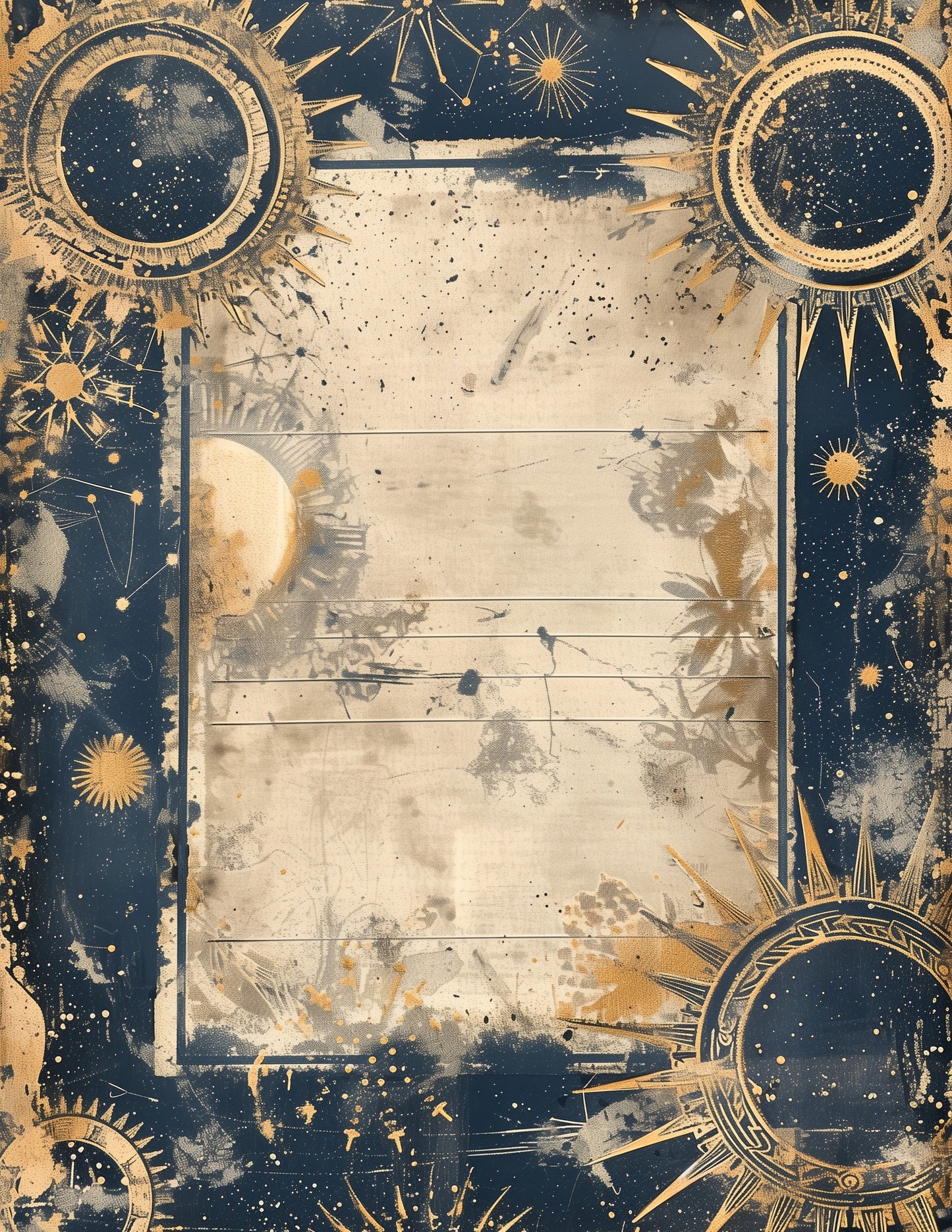 Decorative background with celestial designs, stars, and suns on a dark blue and gold color scheme.