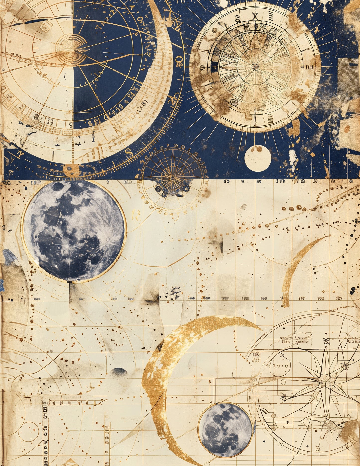 Vintage-style celestial map with stars, moon, and planets on a blue and beige background.