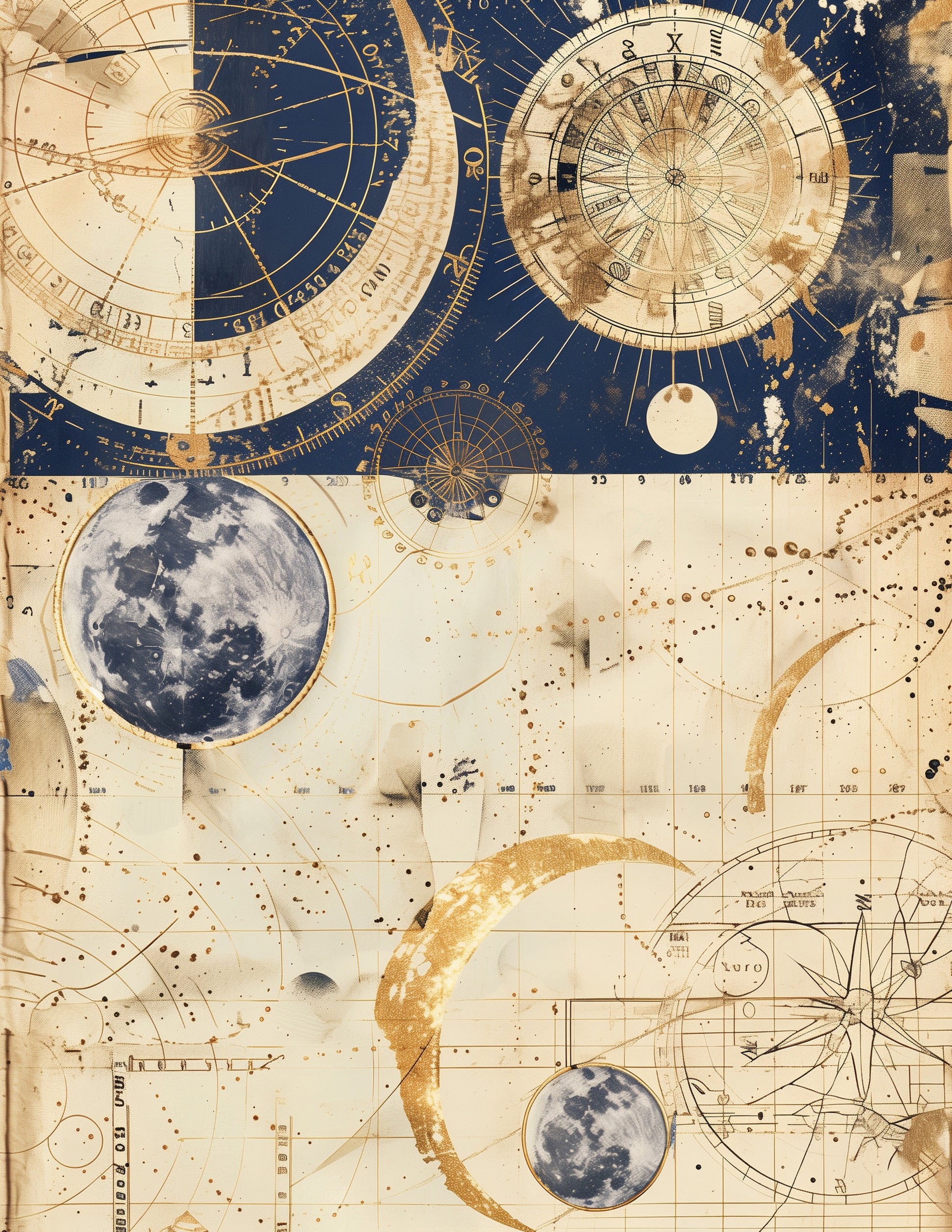 Vintage-style celestial map with stars, moon, and planets on a blue and beige background.