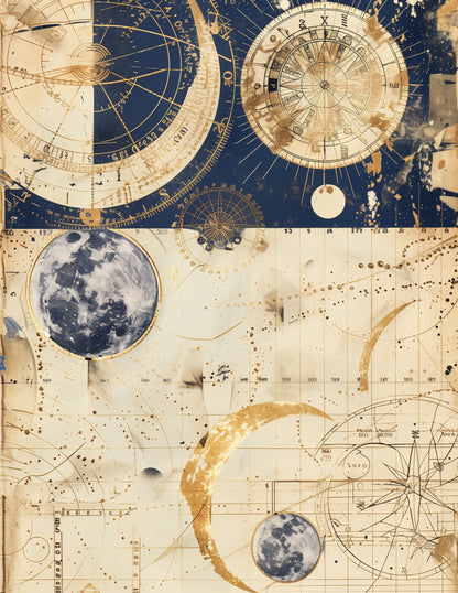 Vintage-style celestial map with stars, moon, and planets on a blue and beige background.