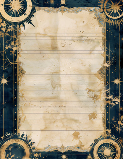 Decorative paper with star and compass designs on a blue background